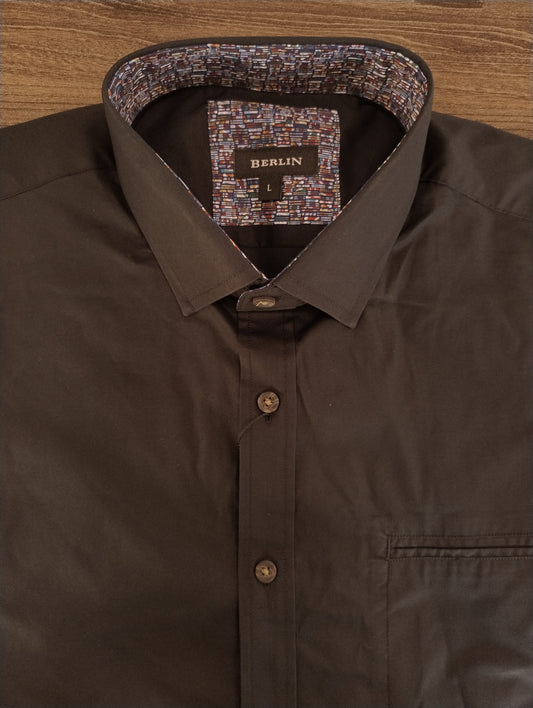 Berlin Stretch Poplin Long Sleeve Shirt - Plain Black