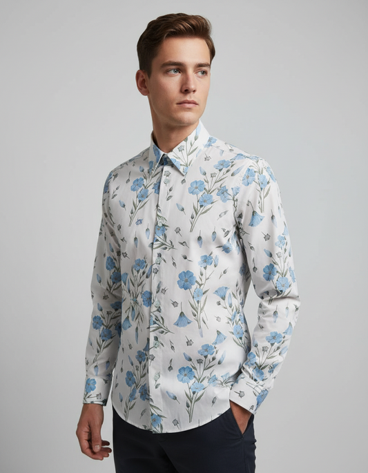John Lennon Off White Blue Flowers Long Sleeve Shirt