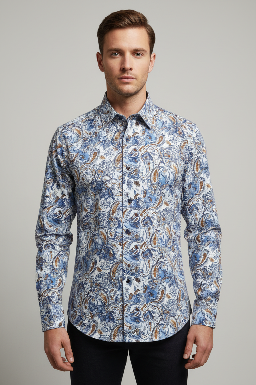John Lennon Blue Brown Paisley Long Sleeve Shirt