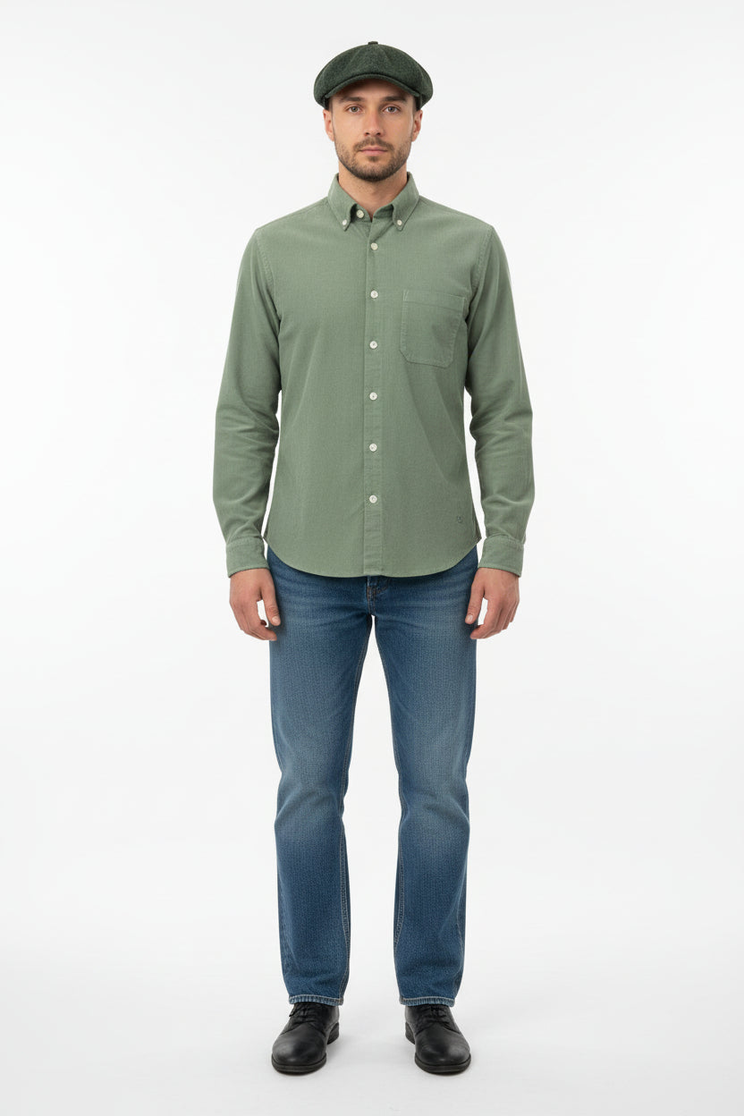 Two Flowers Green Fine Cord Long Sleeve Shirt
