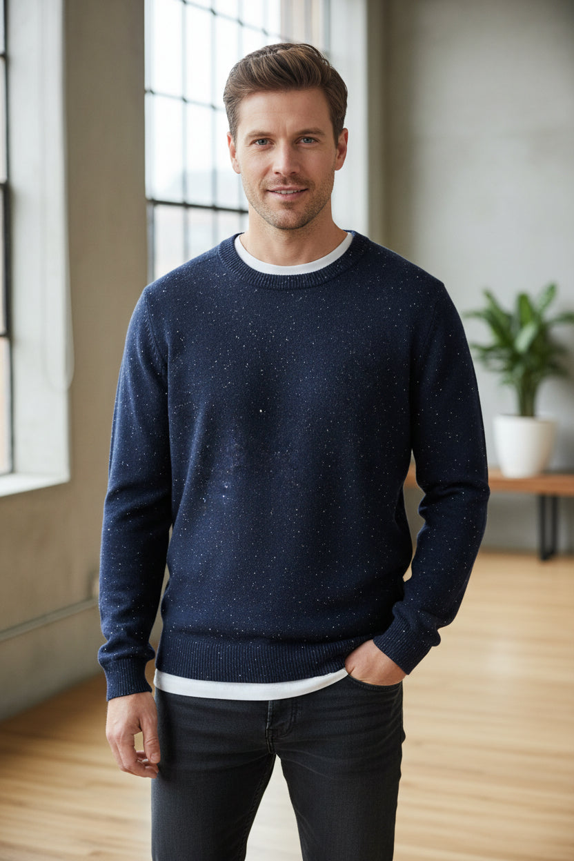 Berlin Merino Crew Neck Cotton Jumper w/Shoulder Panel - Navy Slub
