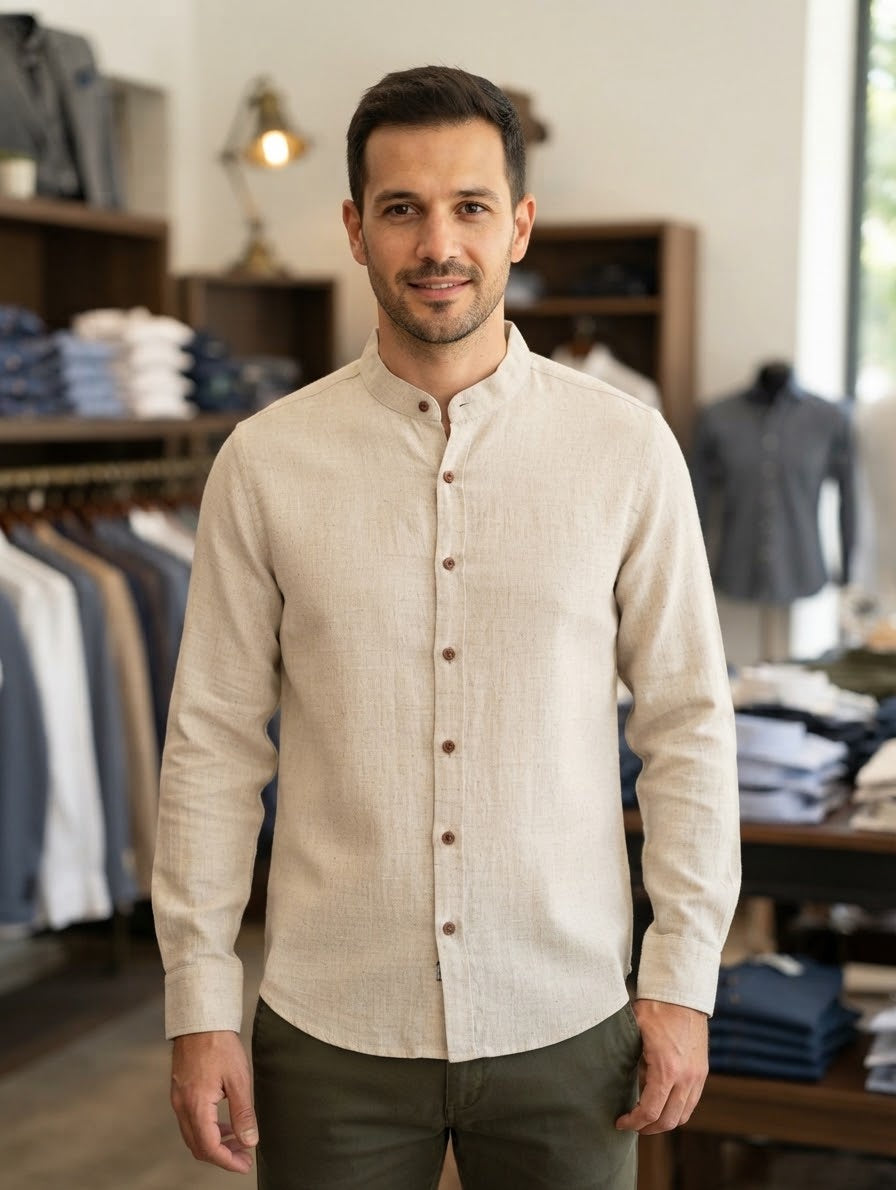 Mechmoto Long Sleeve Linen Chinese Collar Shirt - Natural