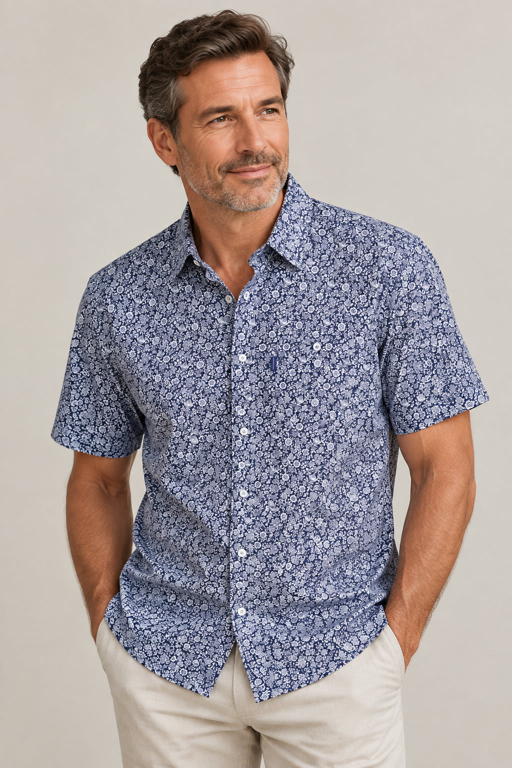 Portobello Road Ironcheater Navy/White Floral Short Sleeve Shirt