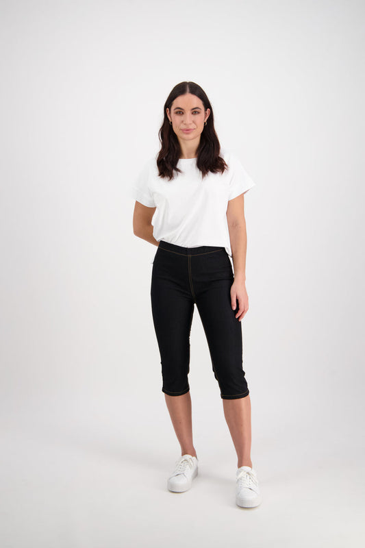 Vassalli Skinny Leg 3/4 Length Contrast Stitching Indigo Denim Pull On Pants