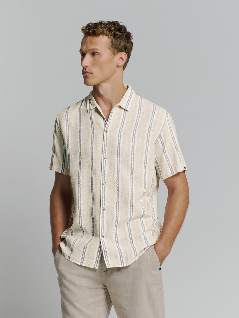 No Excess Vertical Stripe Short Sleeve Shirt - Cement