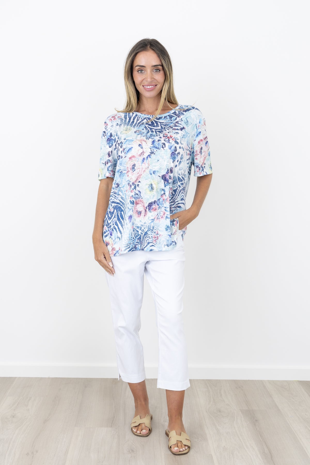 Renoma Milano Burnout Short Sleeve Top - Aqua Multi