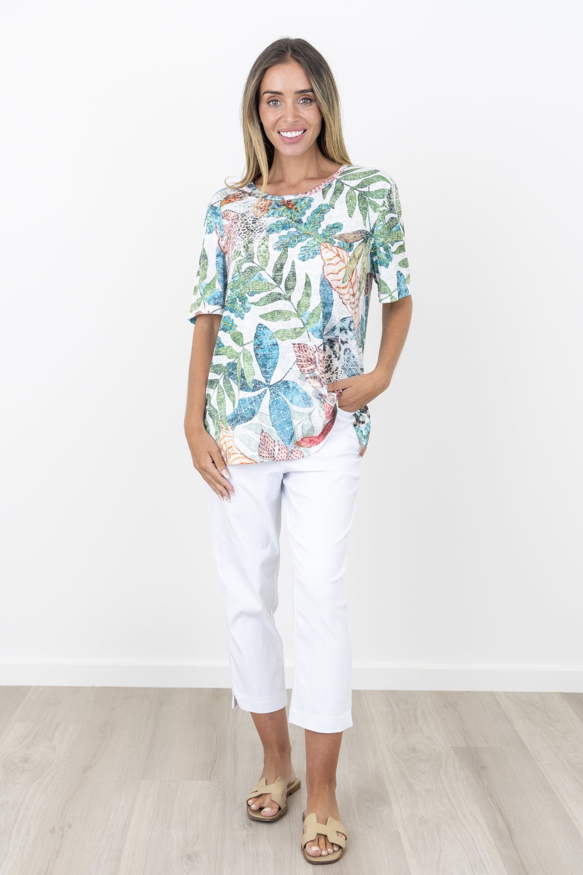 Renoma Milano Burnout Short Sleeve Top - Green Leaf