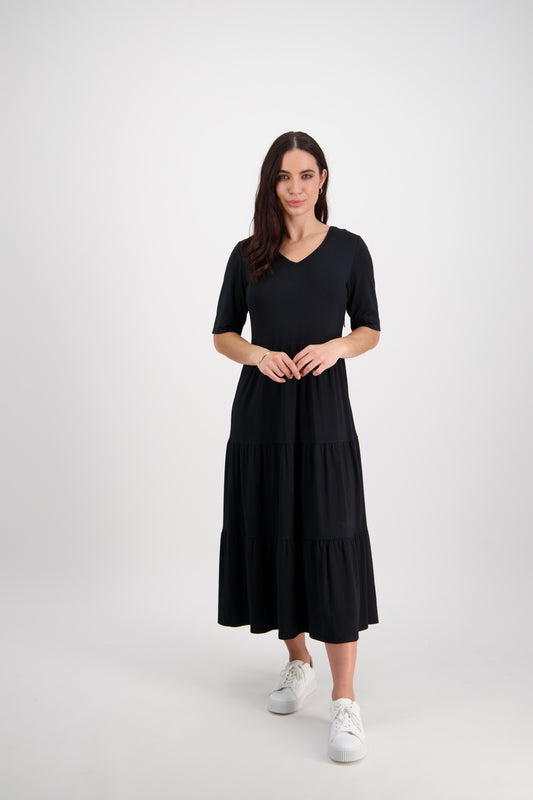 Vassalli Round Neck Short Sleeve Tiered Dress