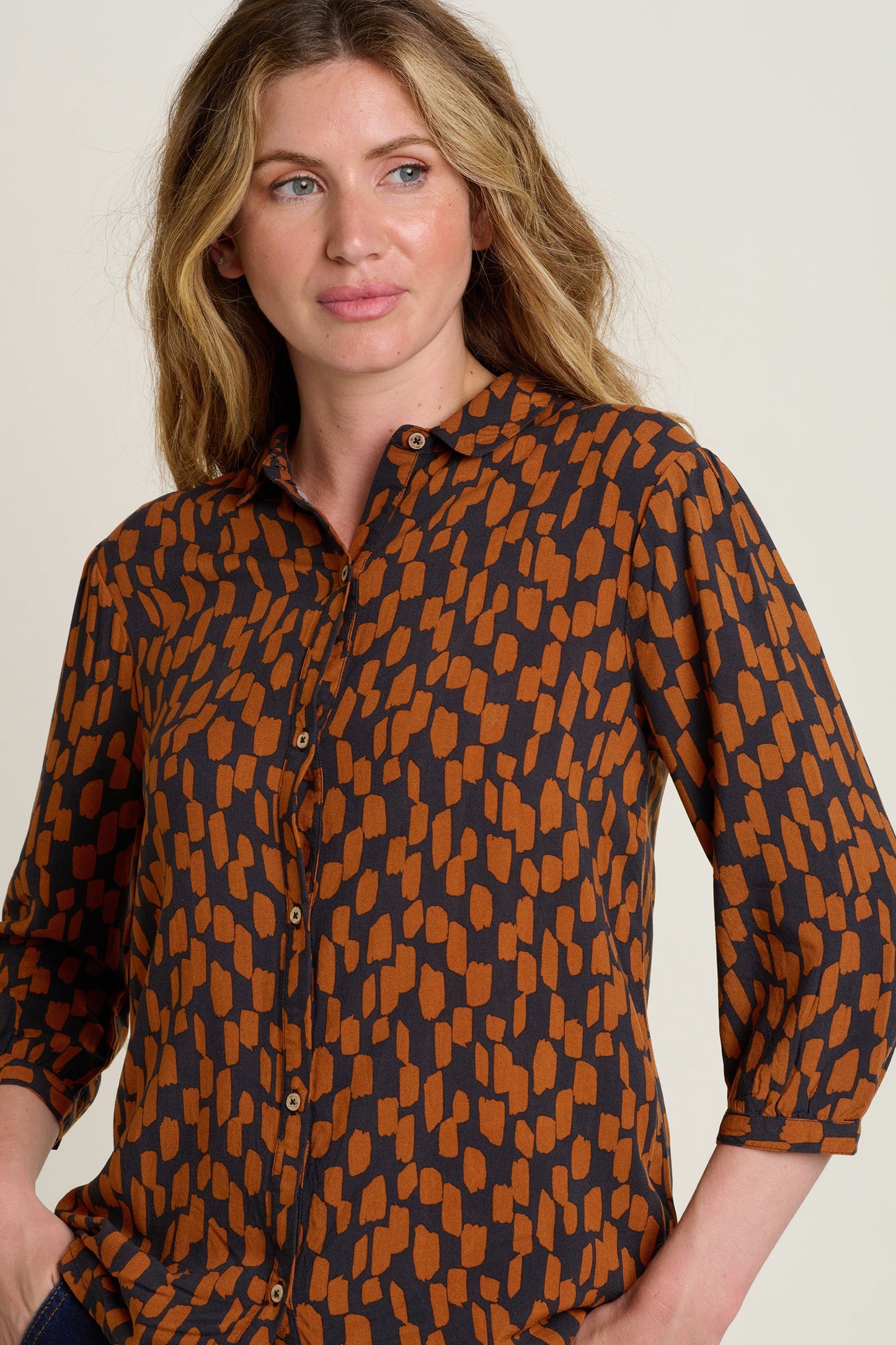 Brakeburn Brush Strokes 3/4 Sleeve Blouse-Orange/Ink