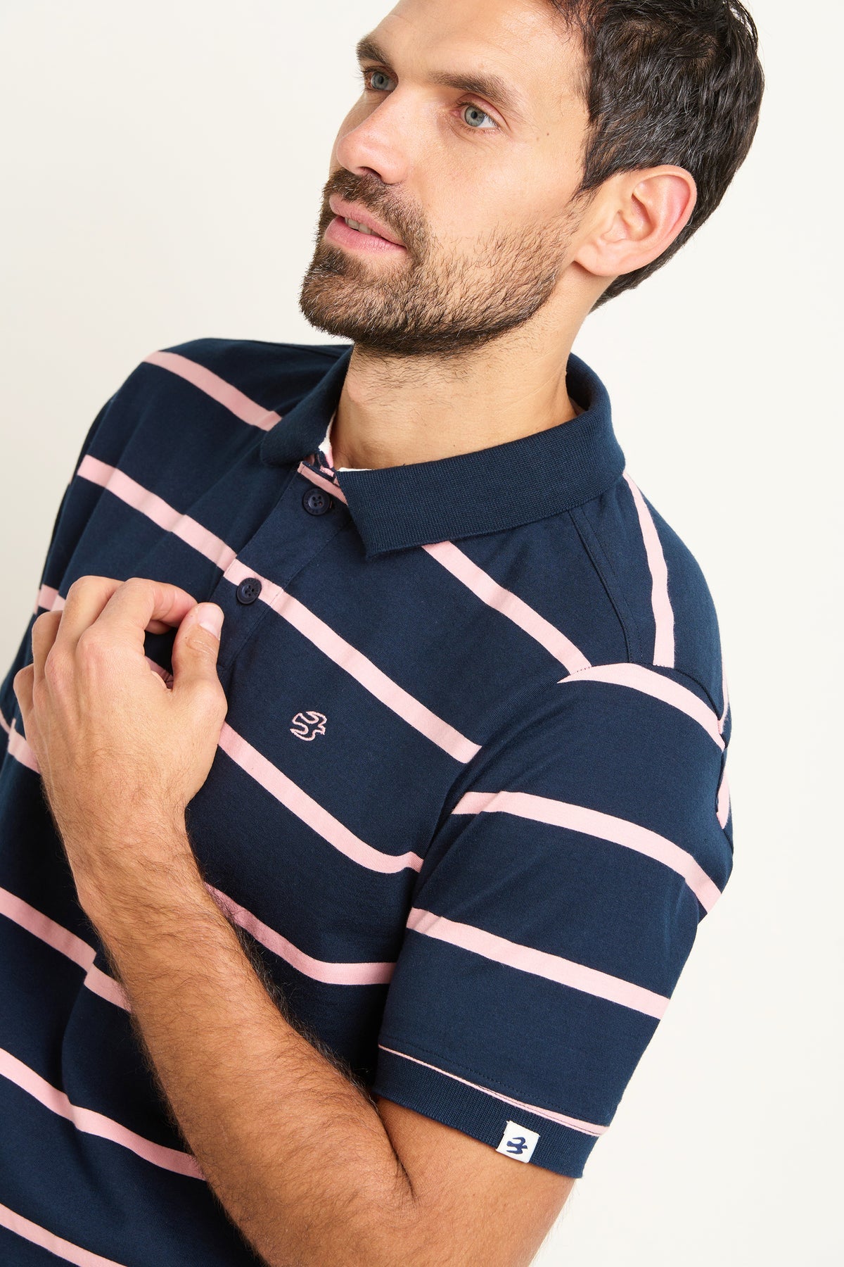 Brakeburn Navy Pink Stripe Short Sleeve Polo Shirt