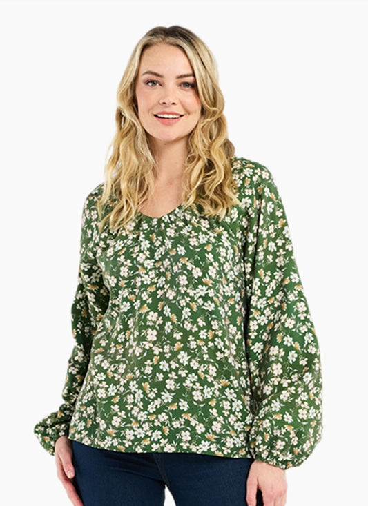 Blackstone Anna  Gathered V Neck L/S Top-Olive Botanic