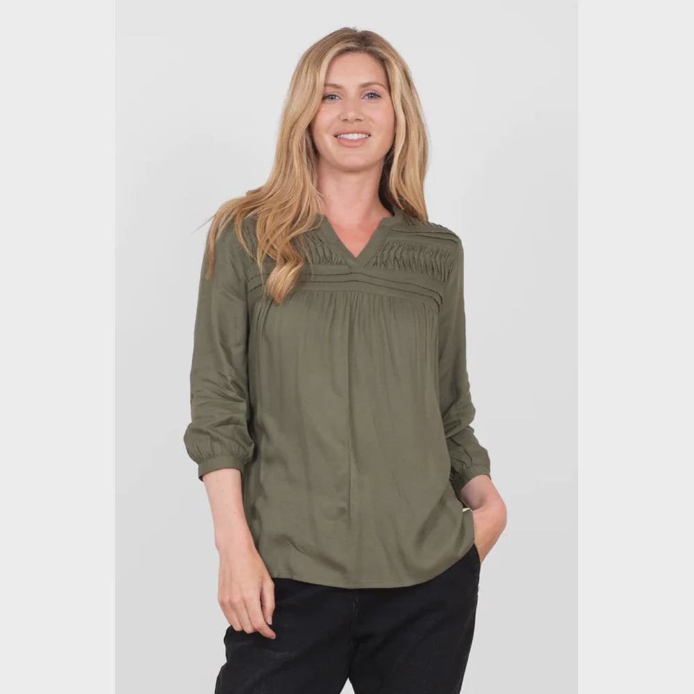 Brakeburn Khaki Pleated Long Sleeve blouse