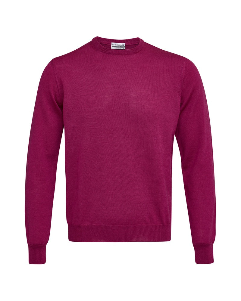 Men's long-sleeved crew neck knit sweater in magenta purple
