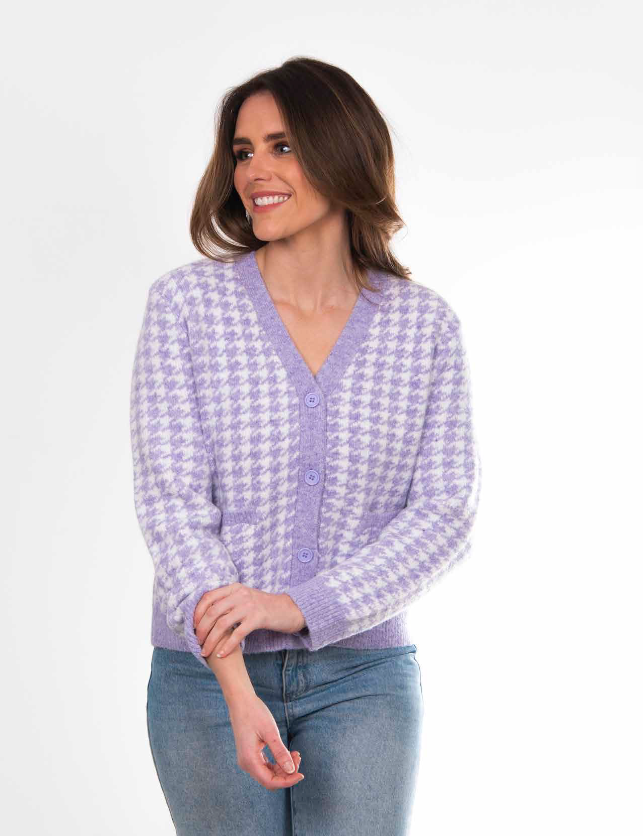 Bella Lilac Boxy Houndstooth Cardigan with Pockets