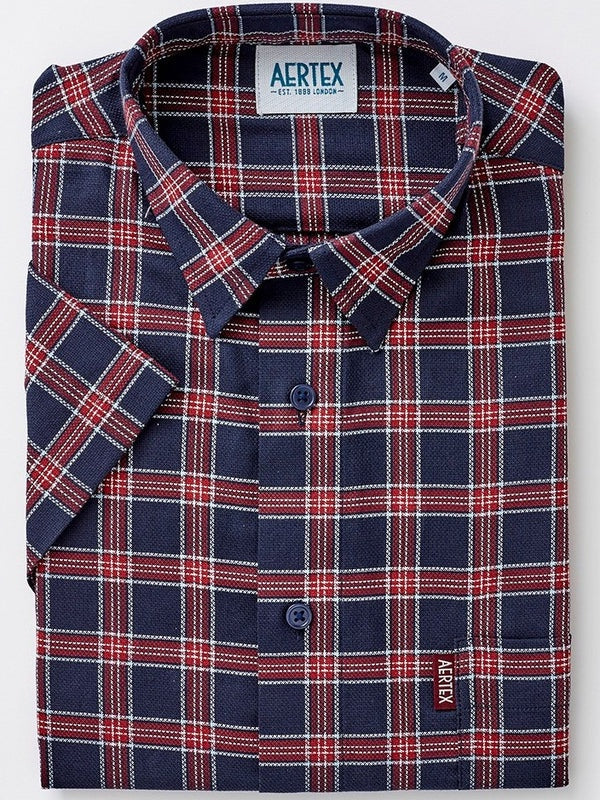 Aertex Taunton Navy Rust Check Short Sleeve Shirt