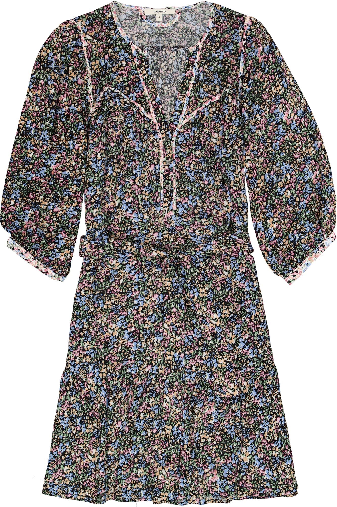 Women's floral print dress with puff sleeves and button front, perfect for casual wear