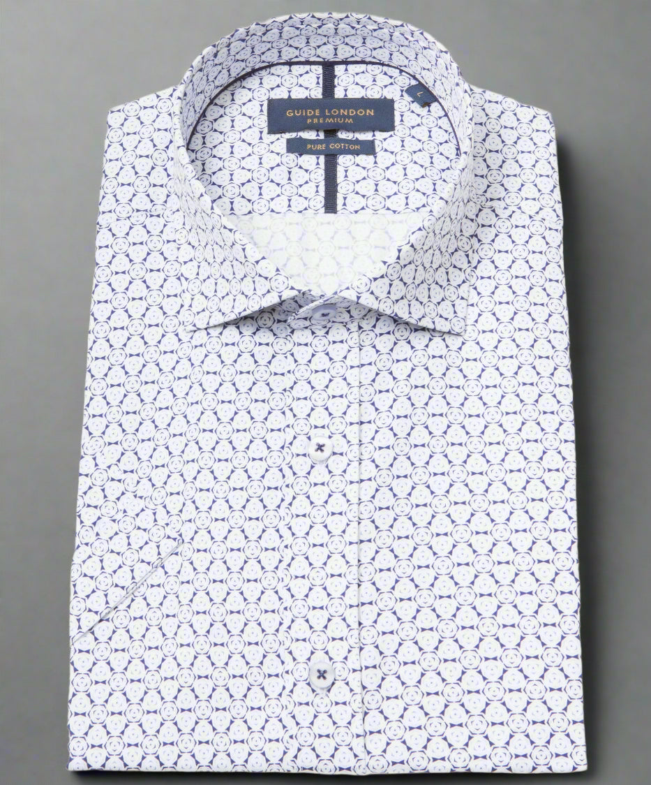 White dress shirt with blue geometric pattern on a white background