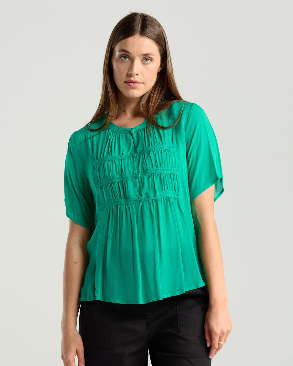 Blackstone Hilarie Gathered Front Short Sleeve Top - Emerald Green