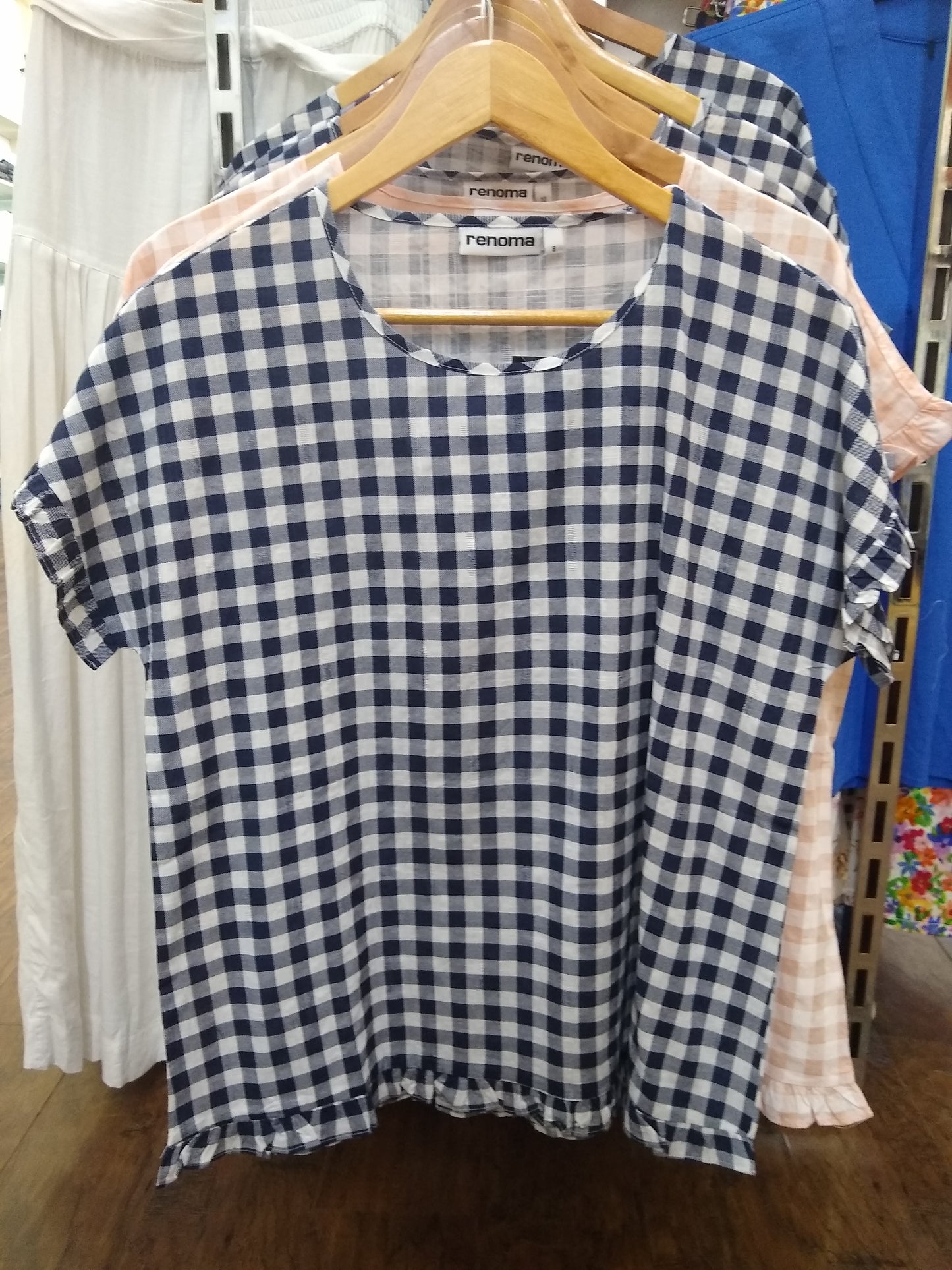 Renoma Navy Check Frill Short Sleeve Top