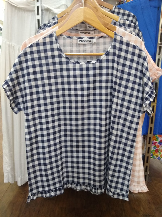 Renoma Navy Check Frill Short Sleeve Top