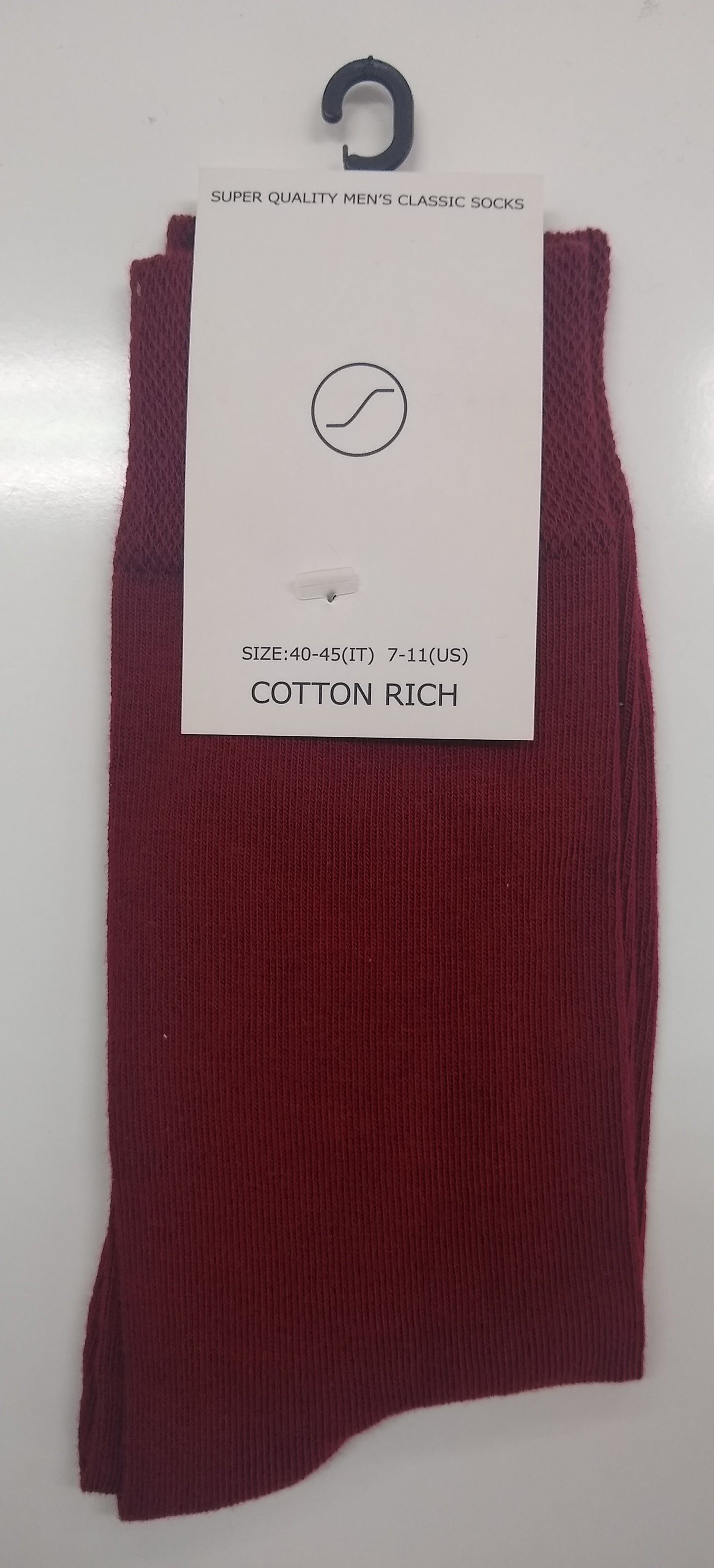 Burgundy men's classic cotton rich socks, size 40-45, super quality, ribbed texture, retail tag