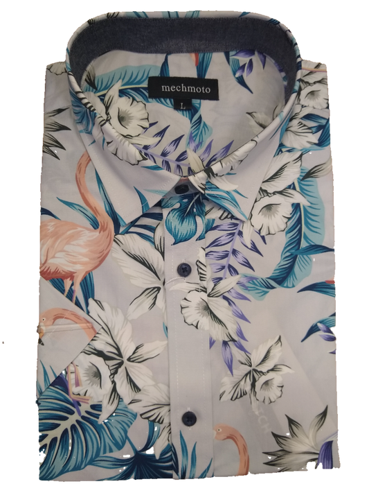 Mechmoto Light Blue Flamingo Print Short Sleeve Shirt