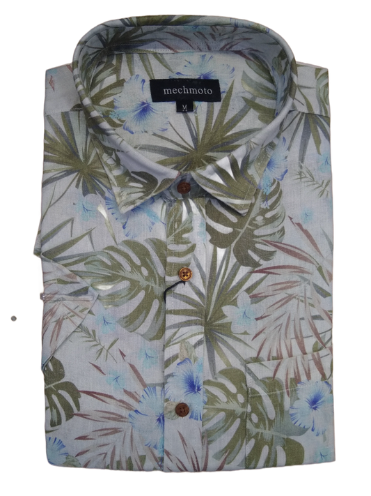 Mechmoto Printed Linen Hibiscus Short Sleeve Shirt