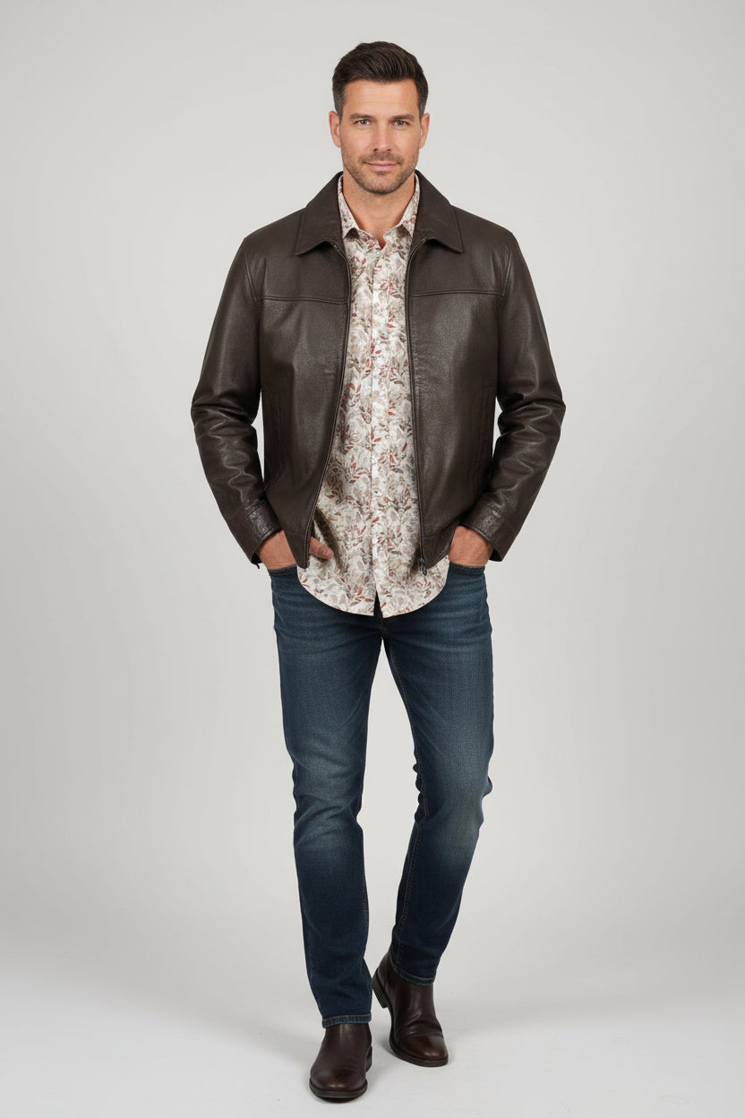 Daniel Hechter Dark Brown Sparta Collared Leather Jacket