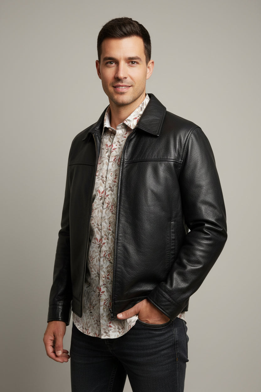 Daniel Hechter Sparta Black Collared Leather Jacket