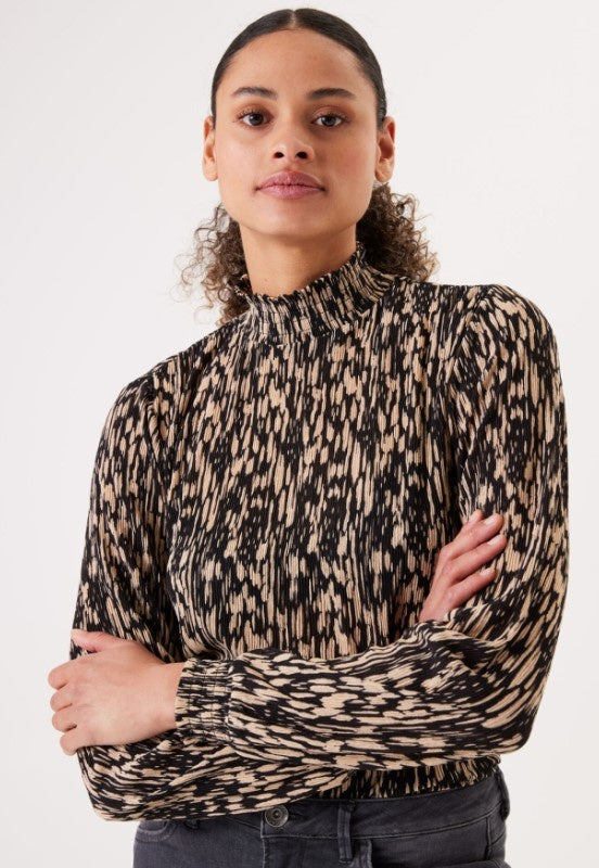 Garcia Ladies Long Sleeve Shirred Neck Top Black/Beige