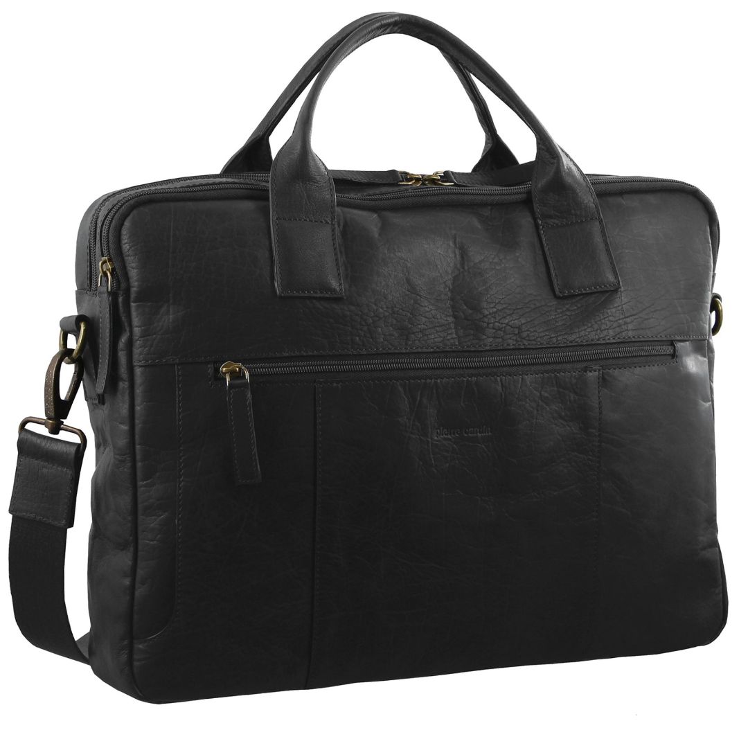Black leather men's laptop briefcase with top handles and adjustable shoulder strap