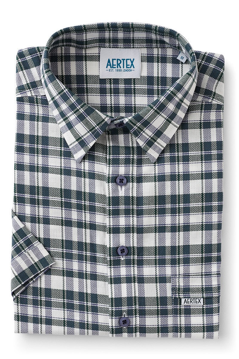 Aertex Men's Green Navy White Check Short Sleeve Shirt