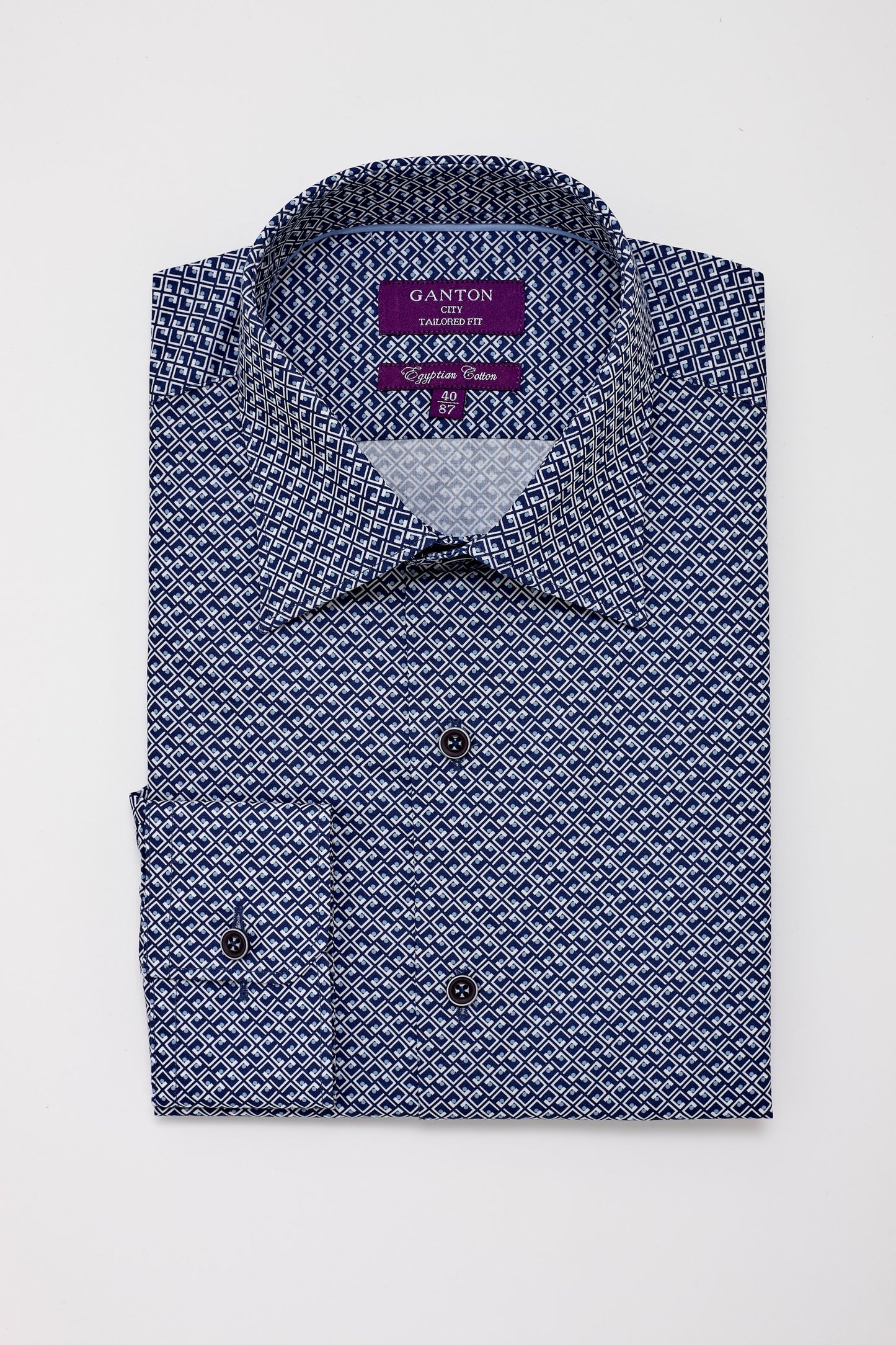 Ganton York Navy Blue Geometric Long Sleeve Shirt