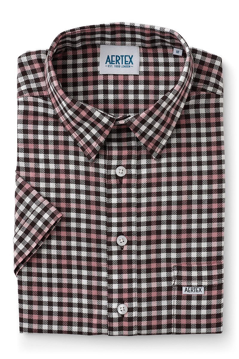 Aertex Men's Chocolate & Pink Check Short Sleeve Shirt