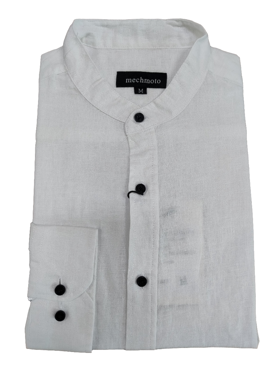 Mechmoto Long Sleeve Linen Mandarin Collar Shirt - White