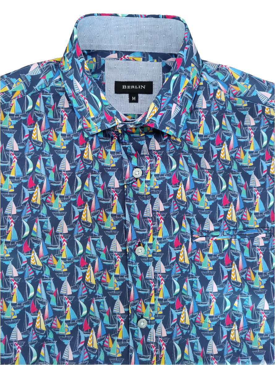 Berlin Sails Satin Print Short Sleeve Shirt-Multi