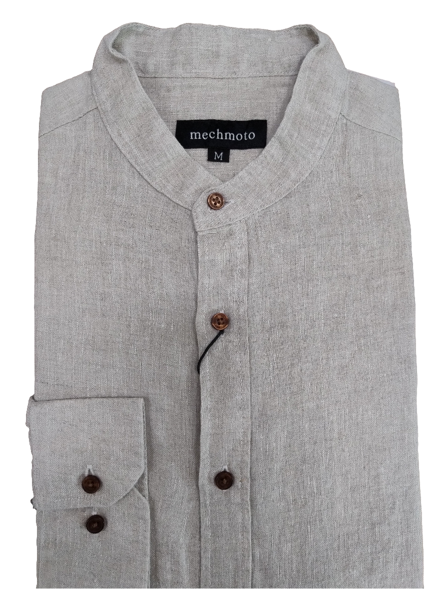 Mechmoto Long Sleeve Linen Mandarin Collar Shirt - Natural
