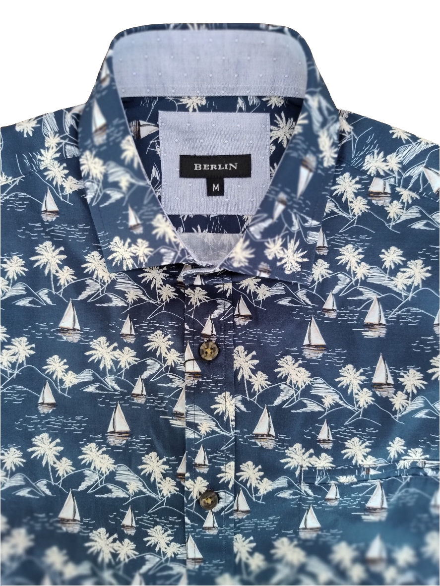 Berlin Pacific Print Short Sleeve Shirt - Navy