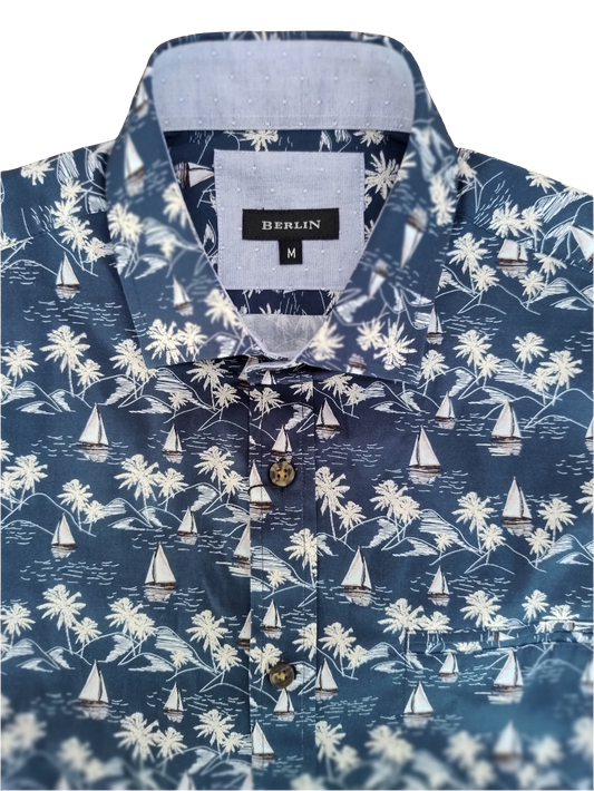 Berlin Pacific Print Short Sleeve Shirt - Navy