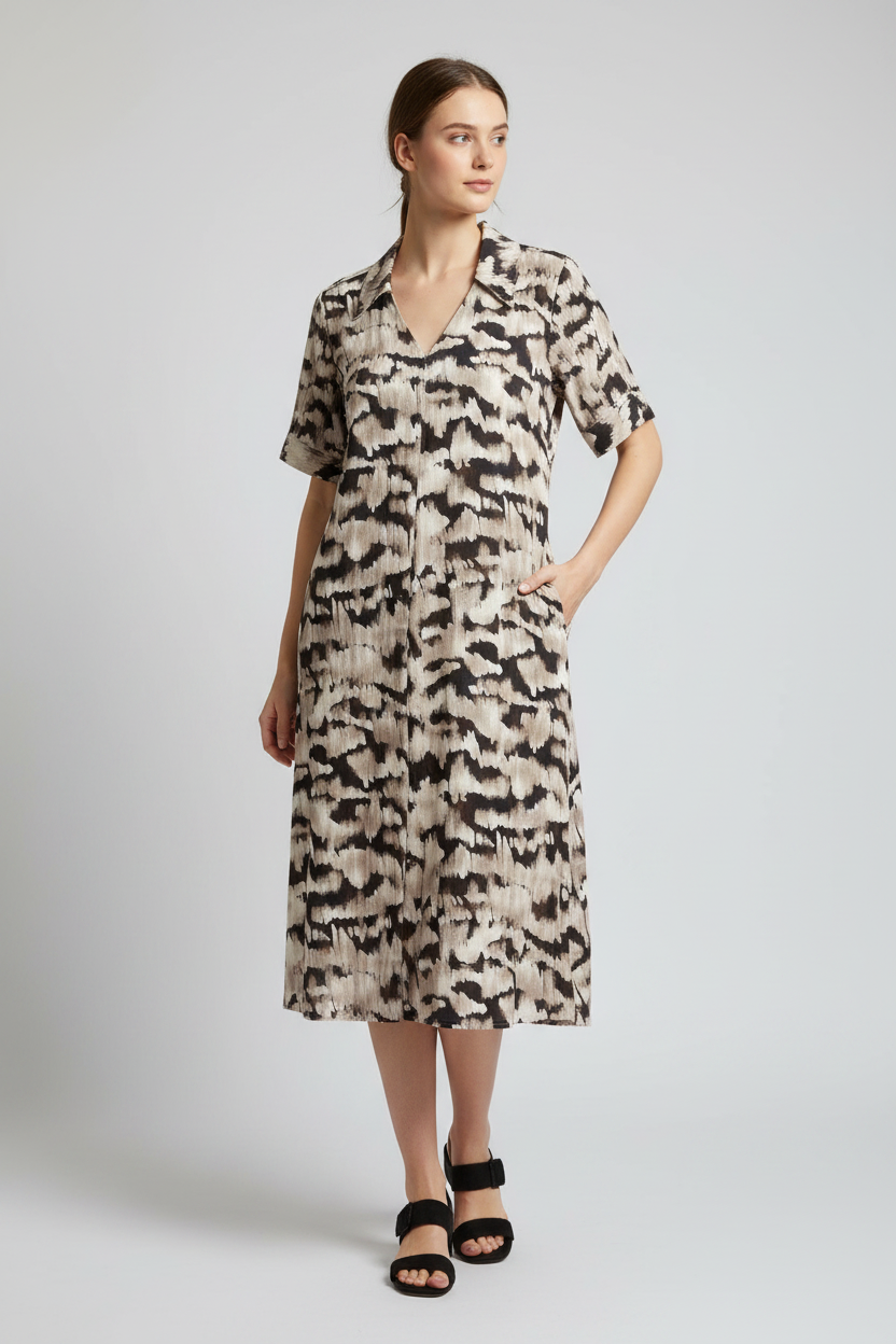 Country Road Print V Neck Midi Dress Abstract Animal
