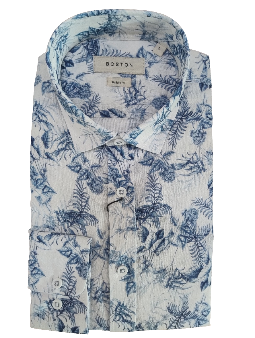 Boston Sel Blue White Linen Print Long Sleeve Shirt