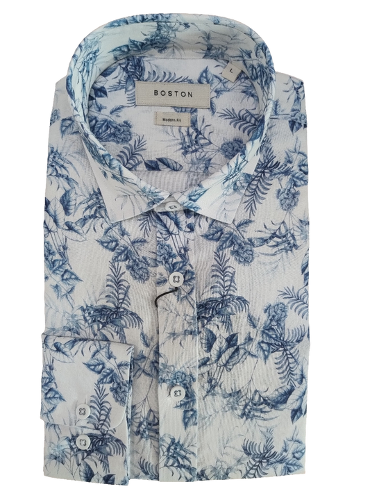 Boston Sel Blue White Linen Print Long Sleeve Shirt