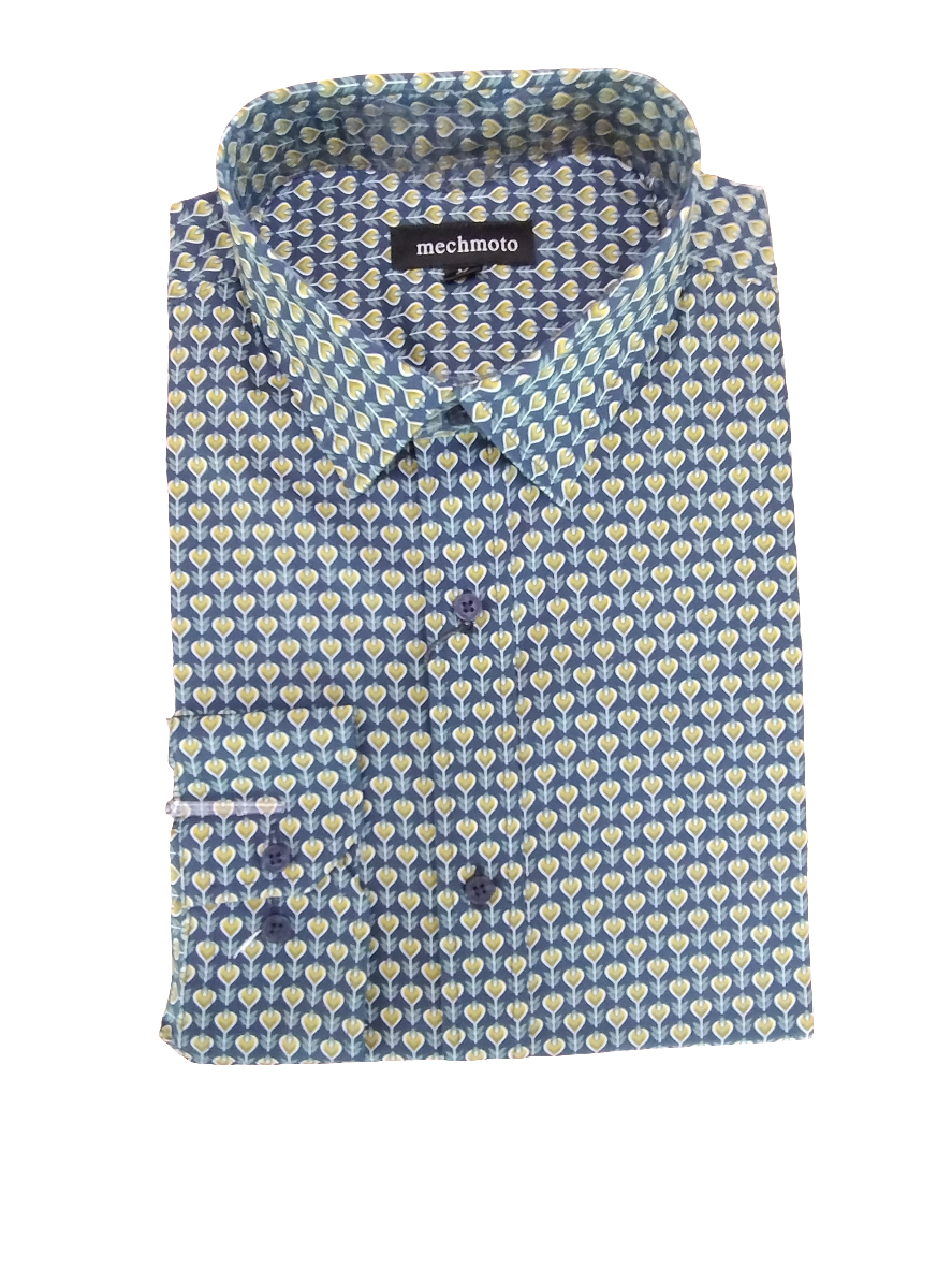 Mechmoto Blue and Gold Geometric Design Long Sleeve Shirt