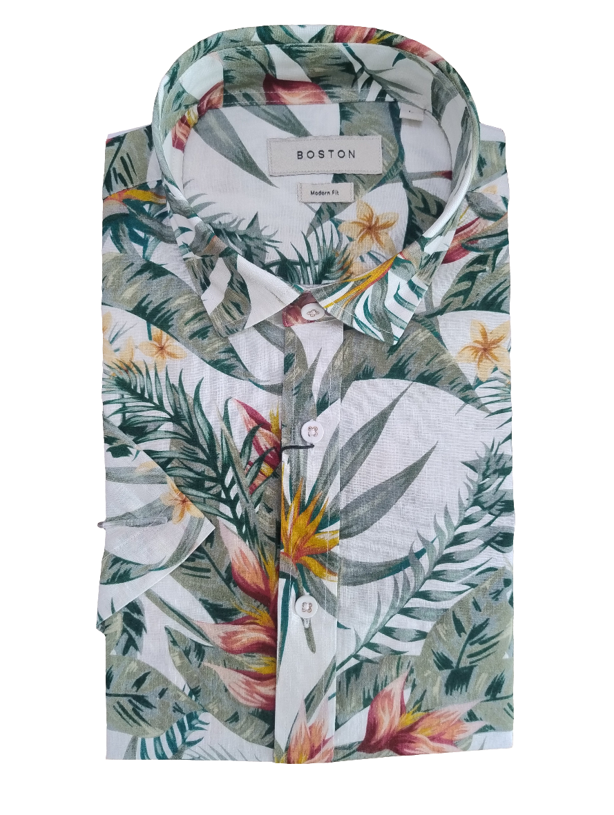 Boston Sel Ecru Green Floral Linen Short Sleeve Shirt