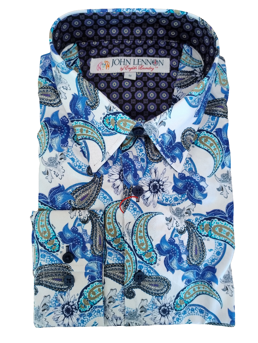 John Lennon White and Blue Paisley Long Sleeve Shirt – Alexanders