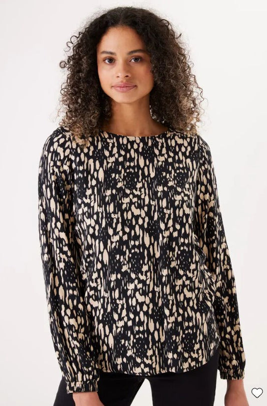 Garcia Ladies Long Sleeve Round Neck Top-Black/Beige