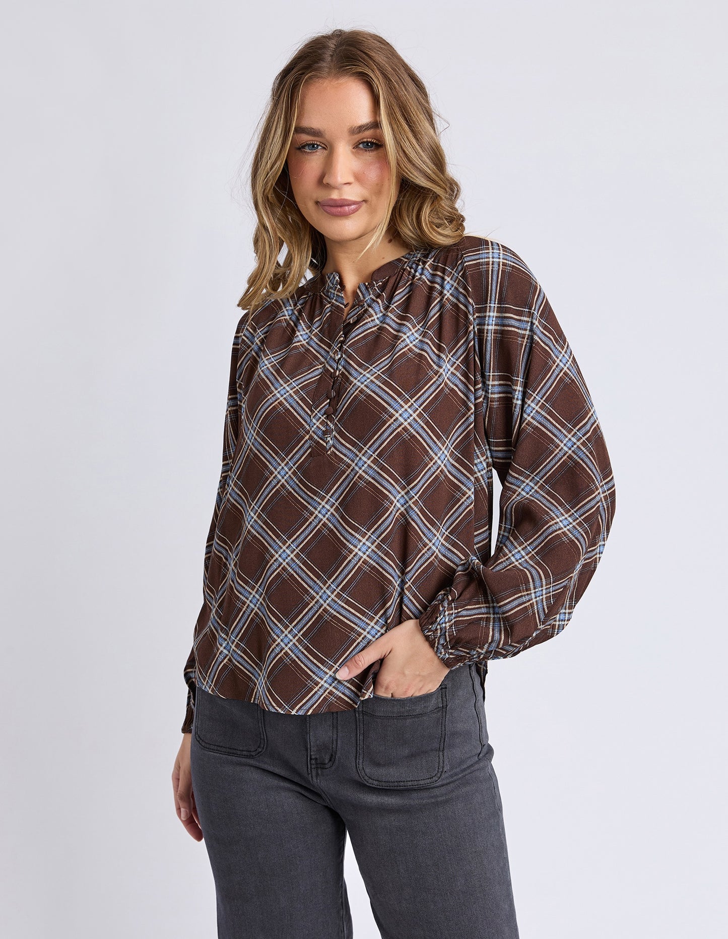 Foxwood Edison Check Long Sleeved Top - Chocolate