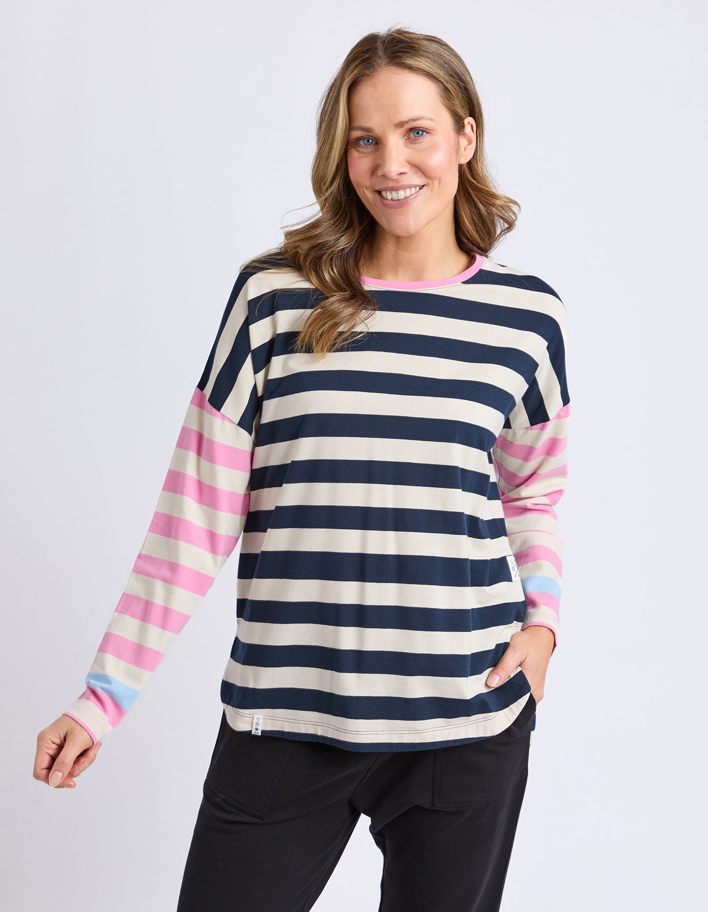 Elm Gaeb Stripe Long Sleeve Tee-White,Navy,Pink