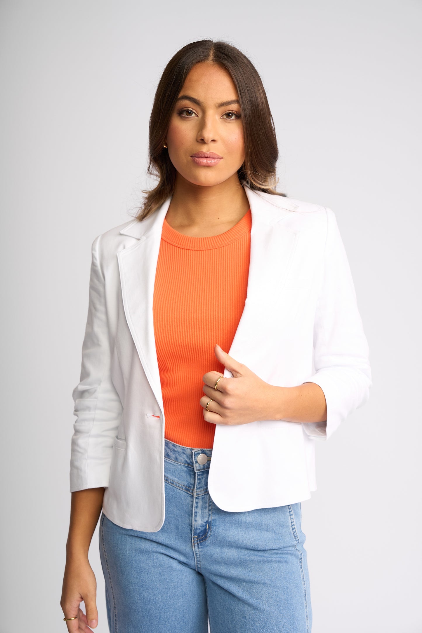 Knewe World Single Button Blazer with Pleat Sleeve - White Denim