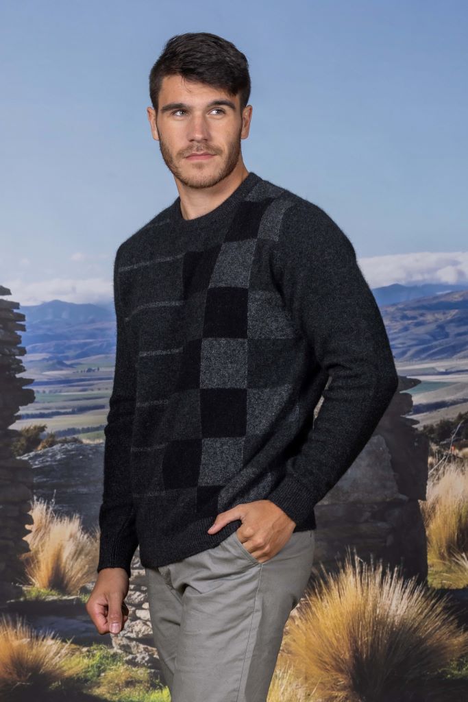 Noble Wilde Mens Charcoal Checker Board Crew Neck Sweater